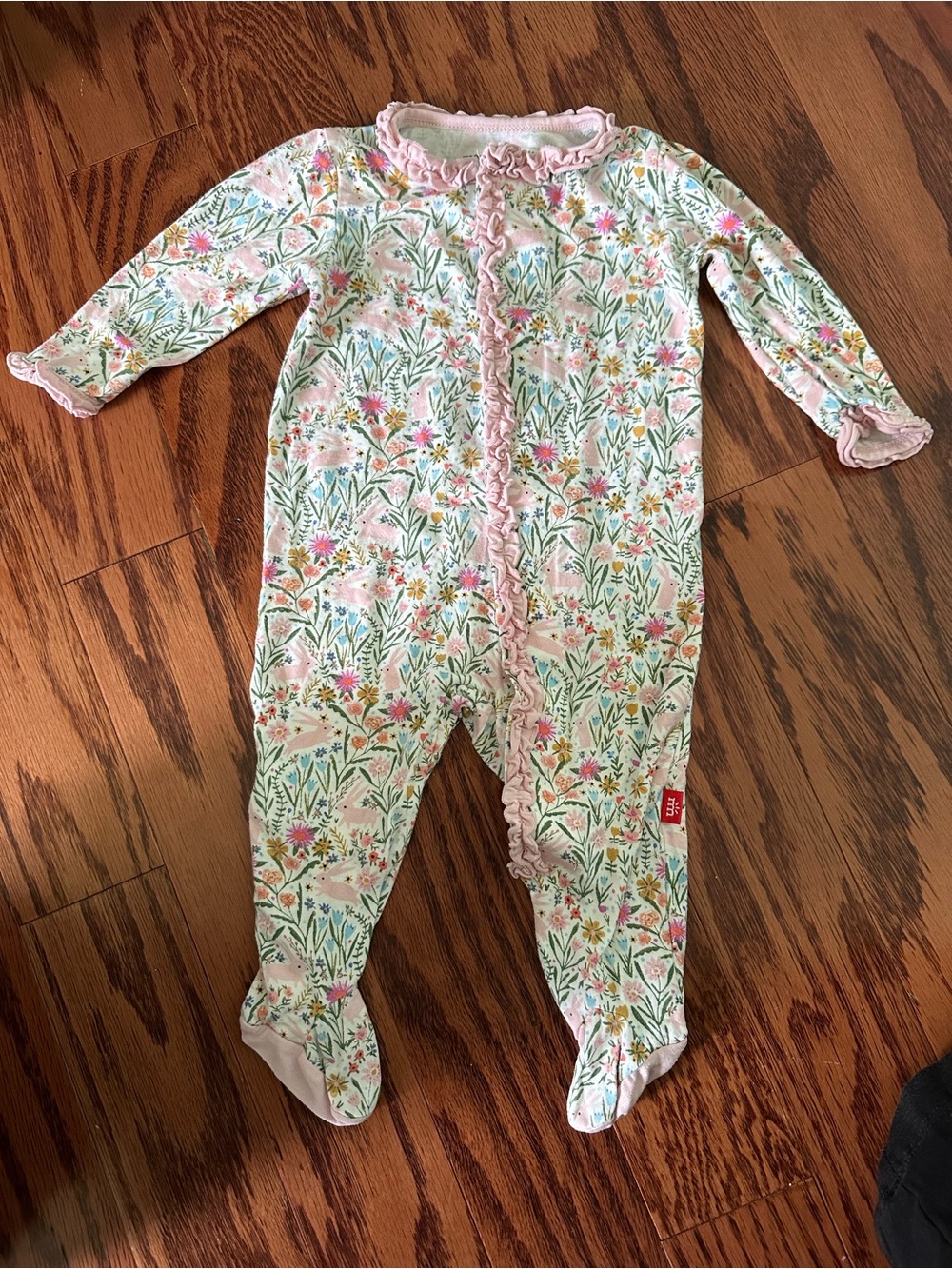 Magnetic Me Pink & Green Floral Ruffle Footie